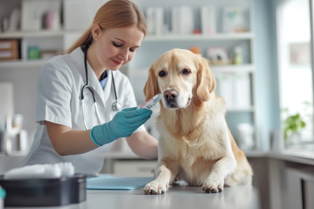 Female Vet In A Clinic Wearing Blue Medical Gloves Is Checking A Blood Sample Tube After Taking Blood From A Golden Retriever Patient Sitting On A Table