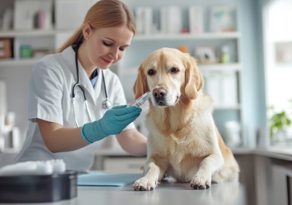 Female Vet In A Clinic Wearing Blue Medical Gloves Is Checking A Blood Sample Tube After Taking Blood From A Golden Retriever Patient Sitting On A Table